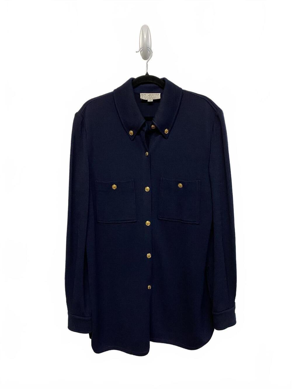 St. John Navy Blue Santana Knit Button-Up Shirt Jacket Size Large
